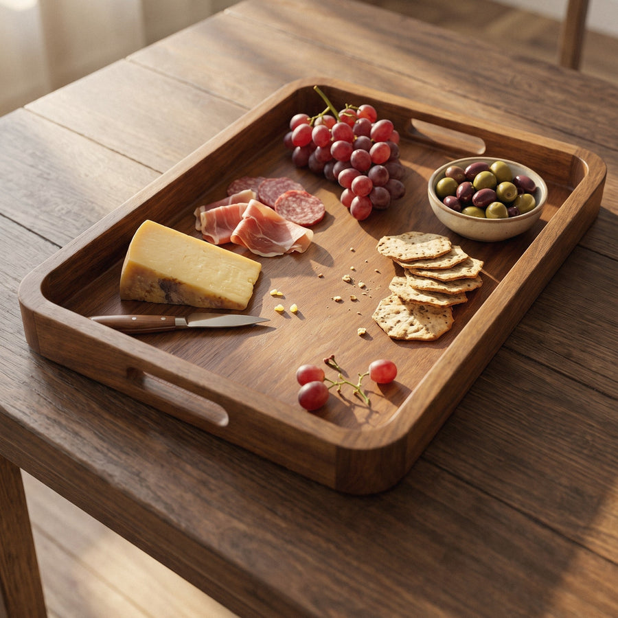 Large acacia serving tray with cheese, cured meat, grapes, crackers and olives