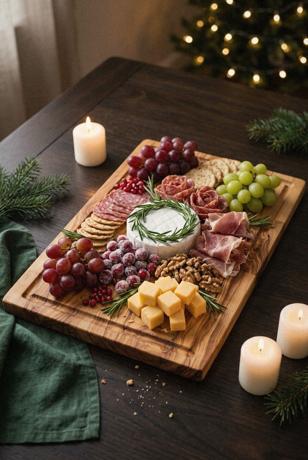 Christmas charcuterie board on a large olive wood board with a rosemary wreath around brie, sugared cranberries and grapes