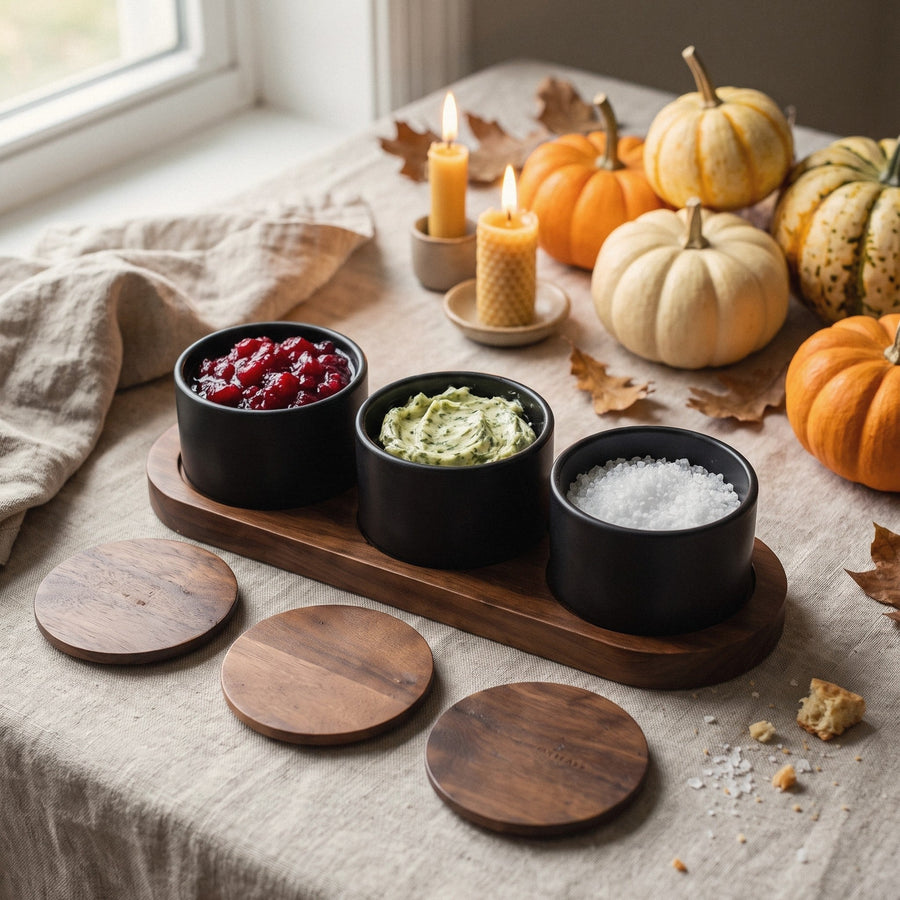 Black ceramic condiment set with cranberry sauce, herb butter and sea salt on a Thanksgiving table