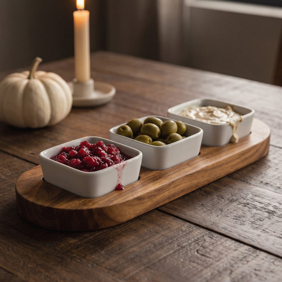 Acacia charcuterie tray with cranberry relish, olives and dip on an autumn table