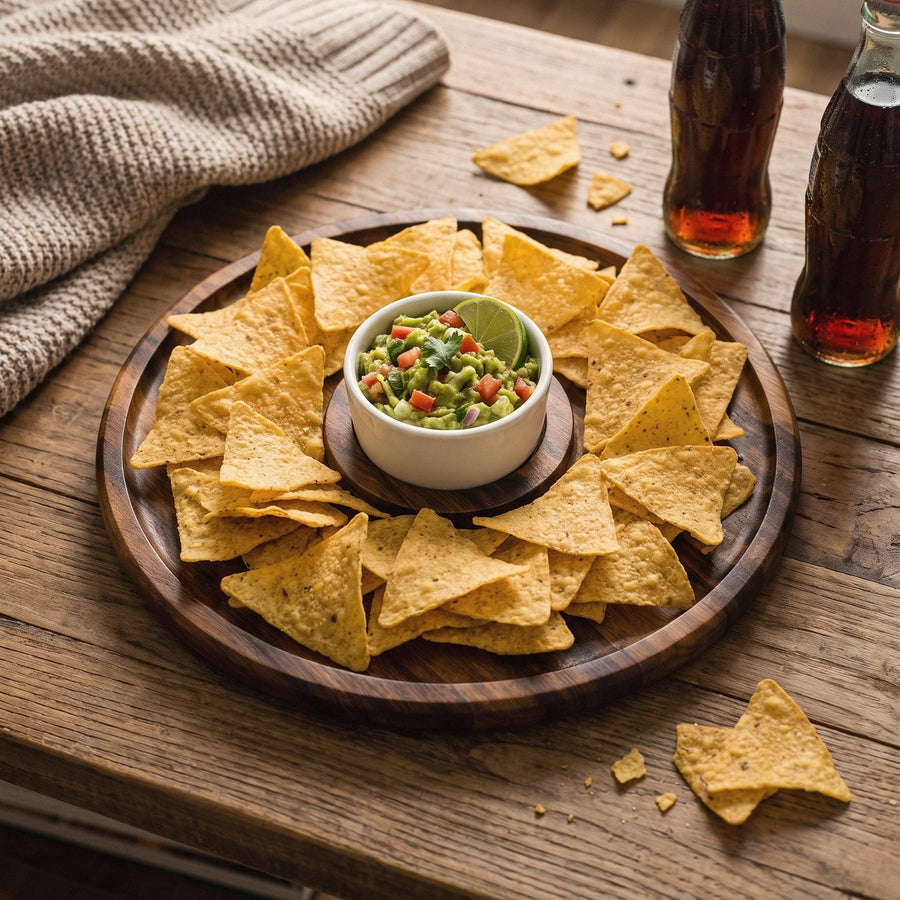 Acacia chip and dip platter with tortilla chips and guacamole in the ceramic bowl