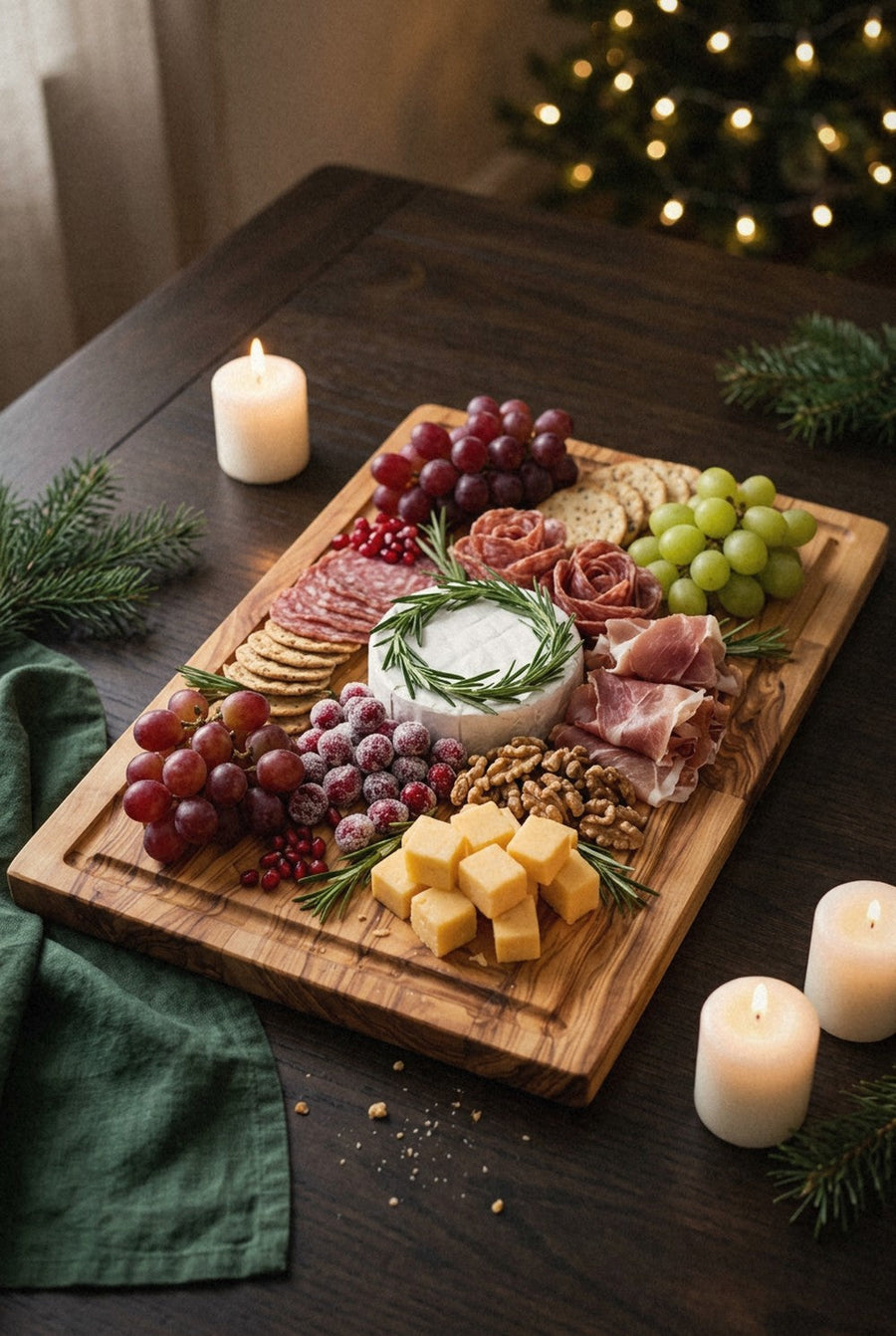 Christmas charcuterie board on a large olive wood board with a rosemary wreath around brie, sugared cranberries and grapes