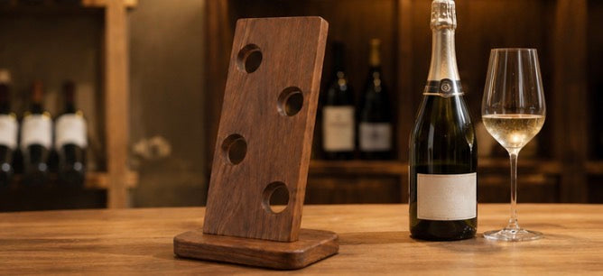 Acacia wine bottle holder on a wooden bar counter beside sparkling wine and a glass