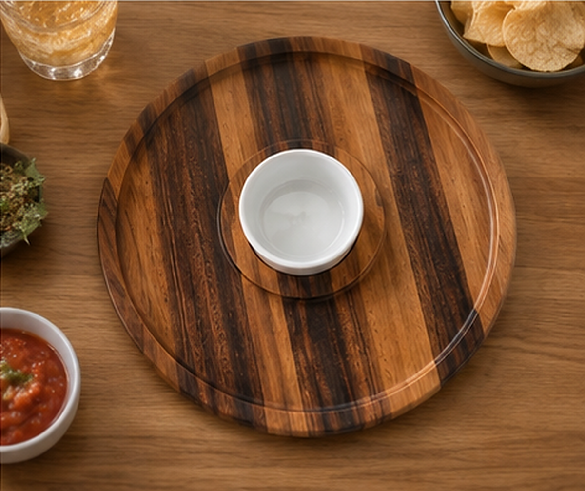 Acacia wood chip and dip platter seen from above with its white ceramic dip bowl