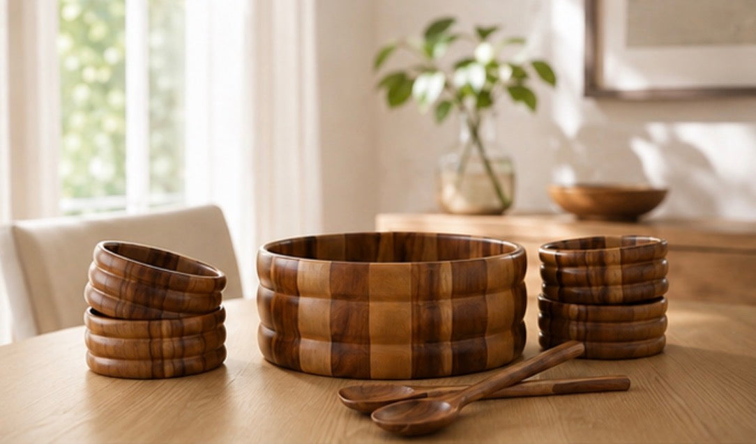 7-piece acacia salad bowl set with an extra-large bowl, two servers and four individual bowls