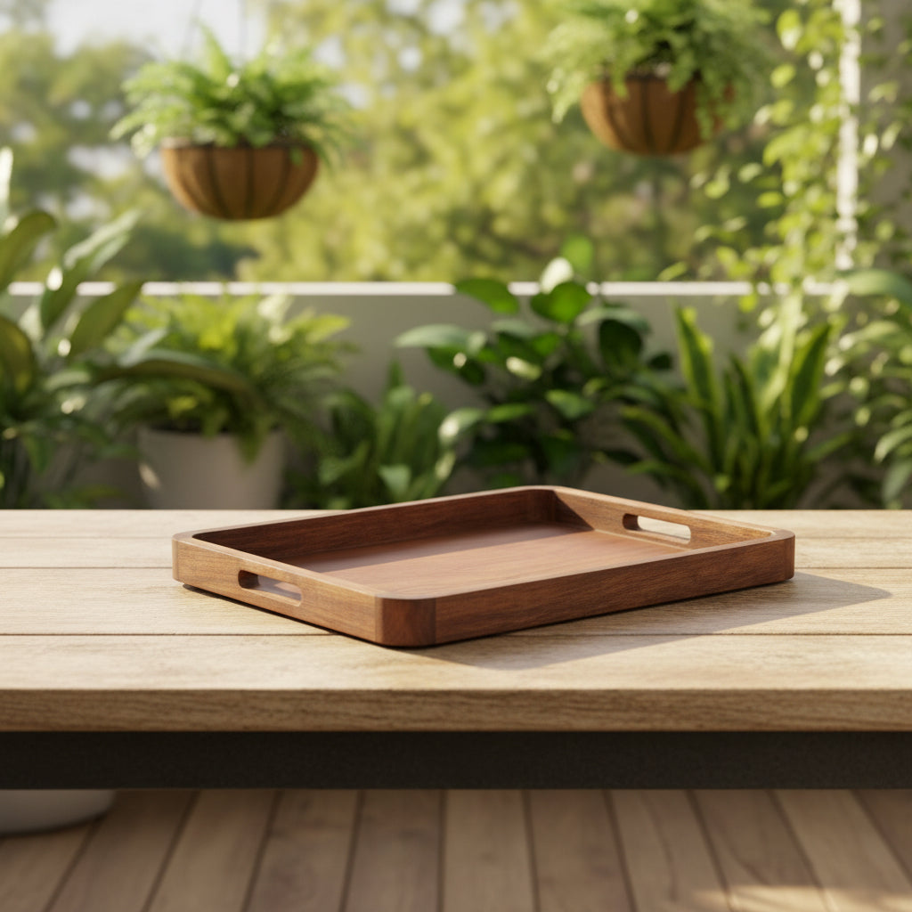 Acacia wood serving tray, 18 by 14 inches, with raised edges and natural grain