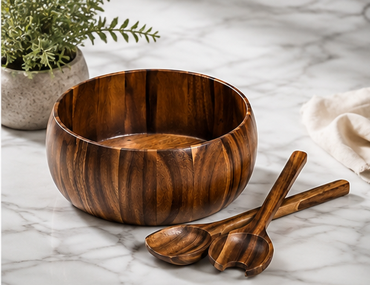 Large acacia wood salad bowl with two deep-scoop servers