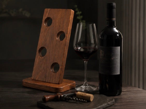 Acacia wine bottle holder on a dark table with a glass of red wine, a bottle and a corkscrew