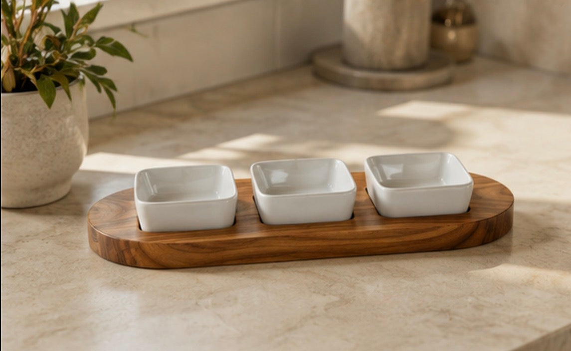 Charcuterie tray with three ceramic bowls on a light oak table with linen and a woven placemat