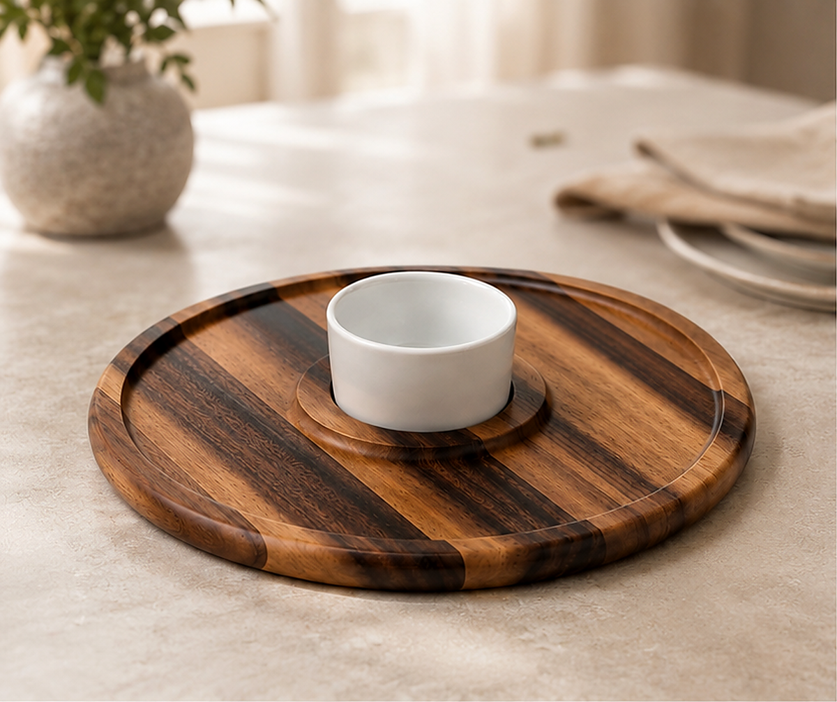 Round acacia chip and dip platter with the ceramic bowl in its raised center ring