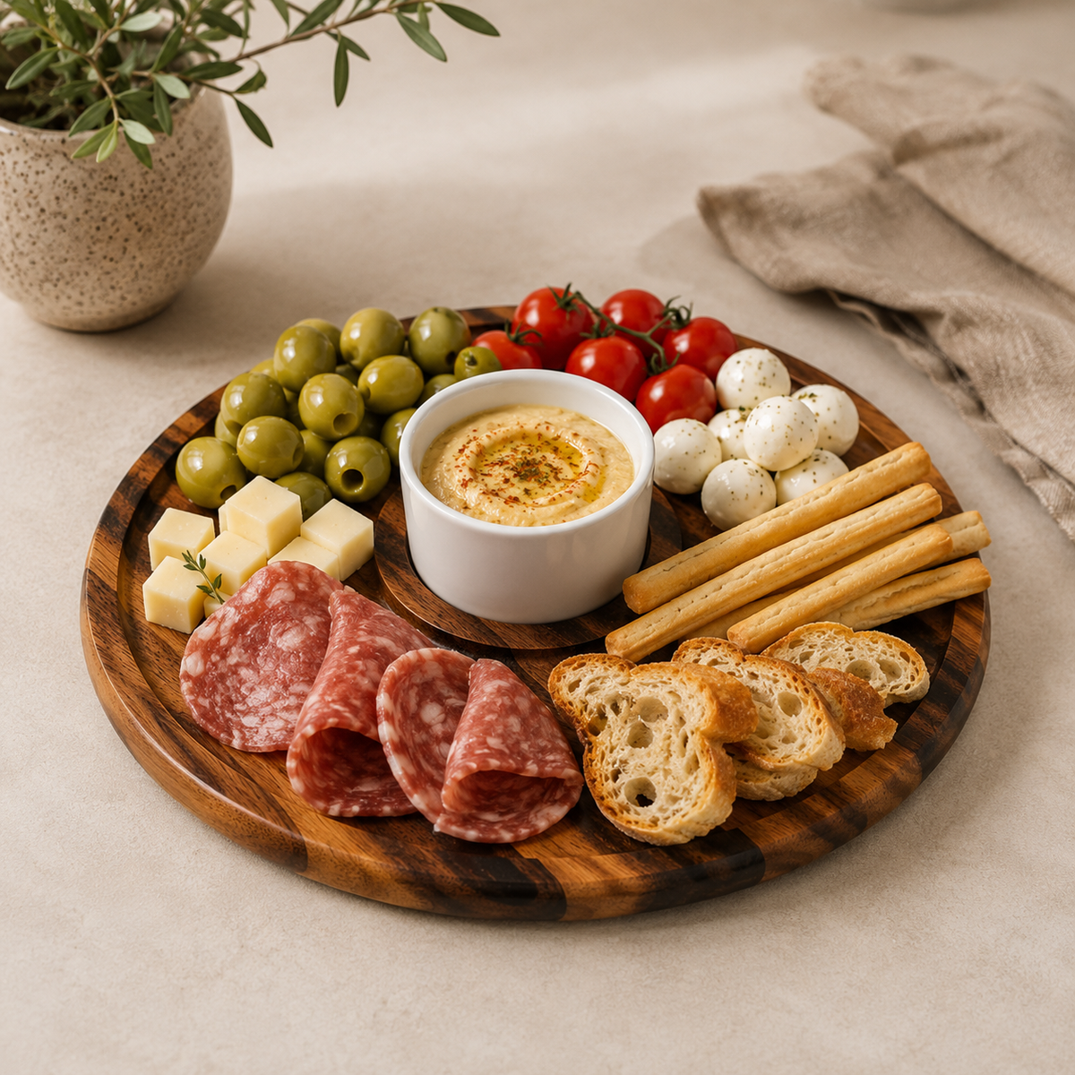 Acacia chip and dip platter set with olives, hummus, salami and breadsticks