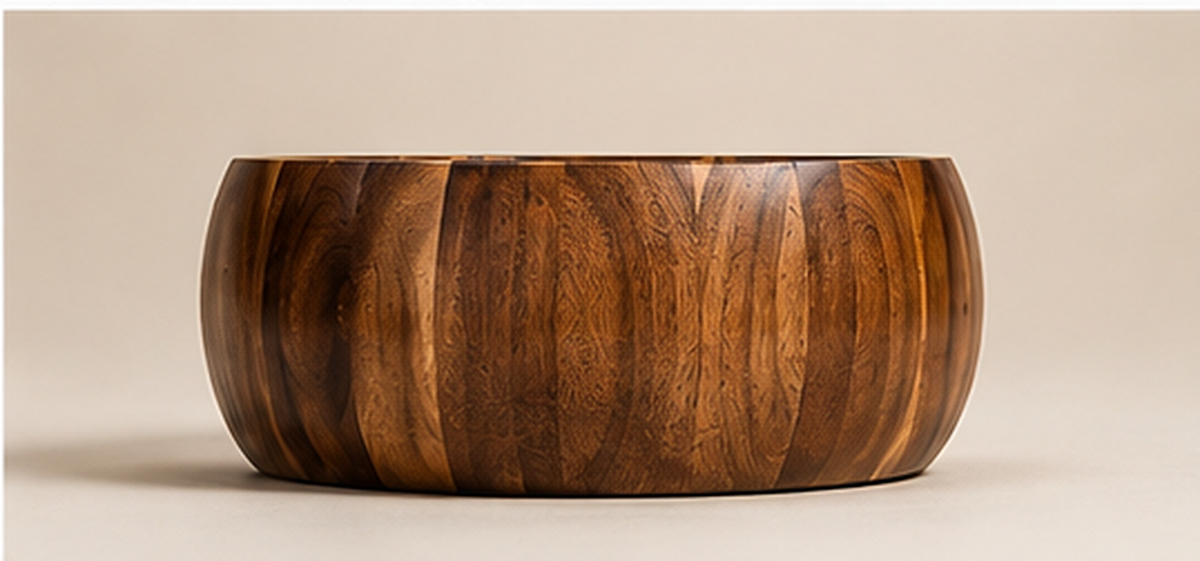 Side view of the acacia wood salad bowl, showing the vertical grain of the wood