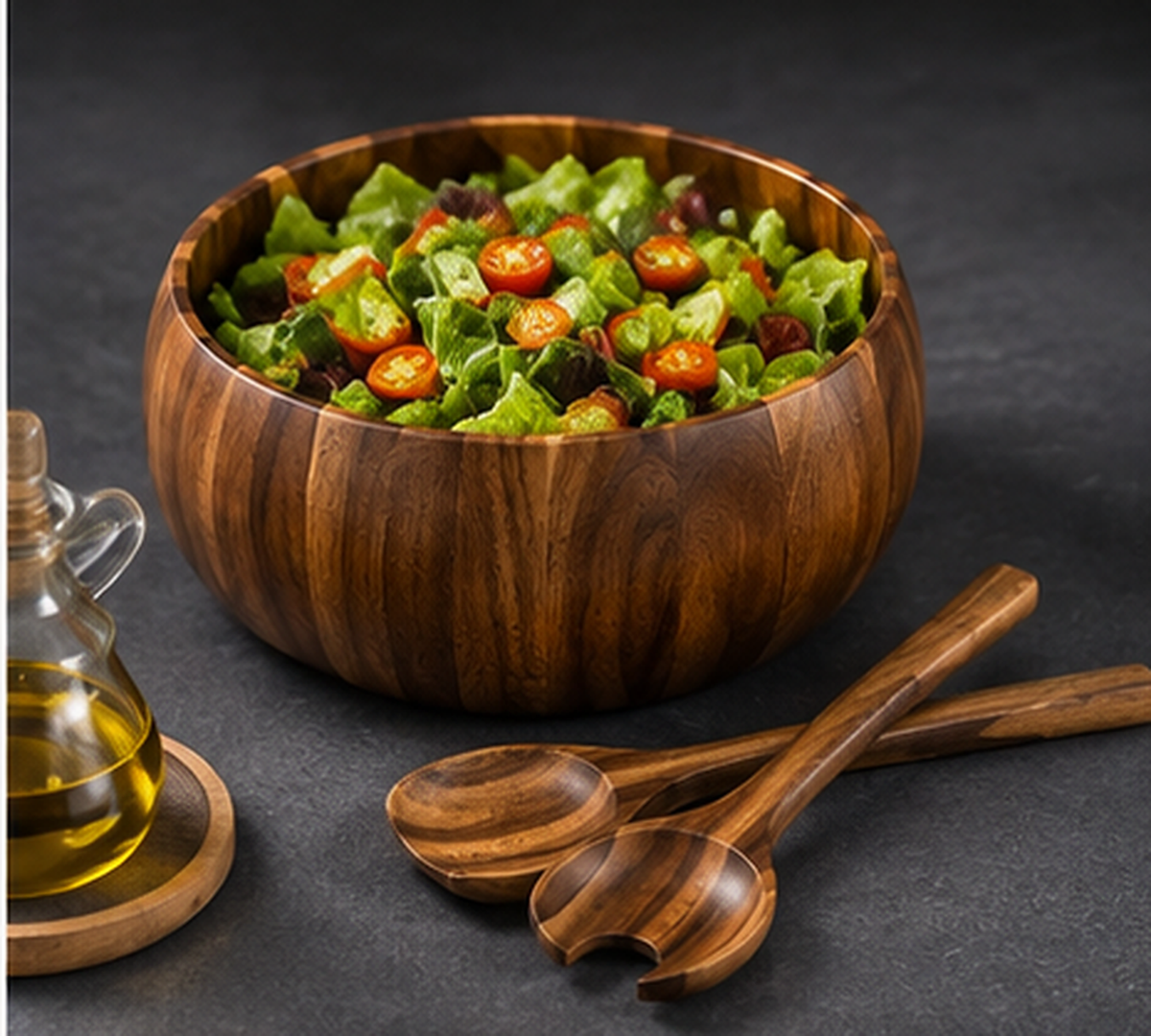 Wooden salad bowl and server set in acacia, showing the natural grain
