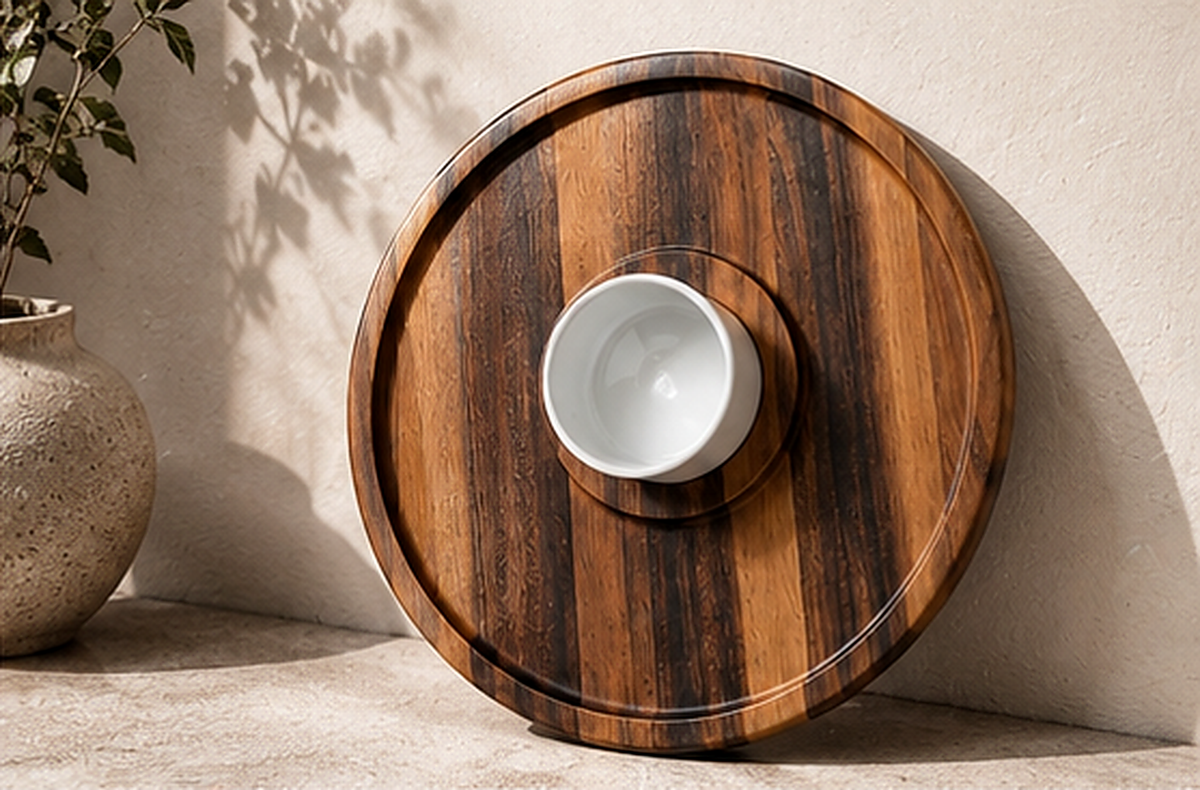 Acacia wood chip and dip platter standing upright, showing the striped grain