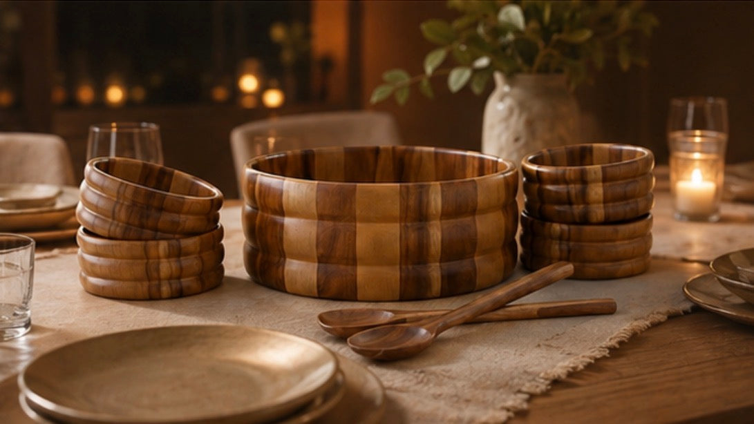 7-piece acacia salad bowl set on a dinner table in warm candlelight