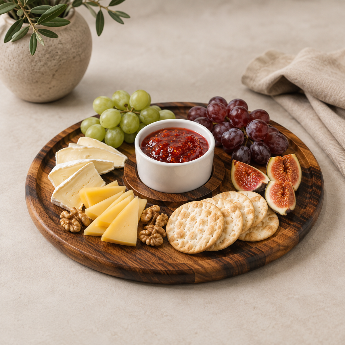 Acacia wood chip and dip platter with a ceramic bowl, set with cheese, grapes, figs and crackers