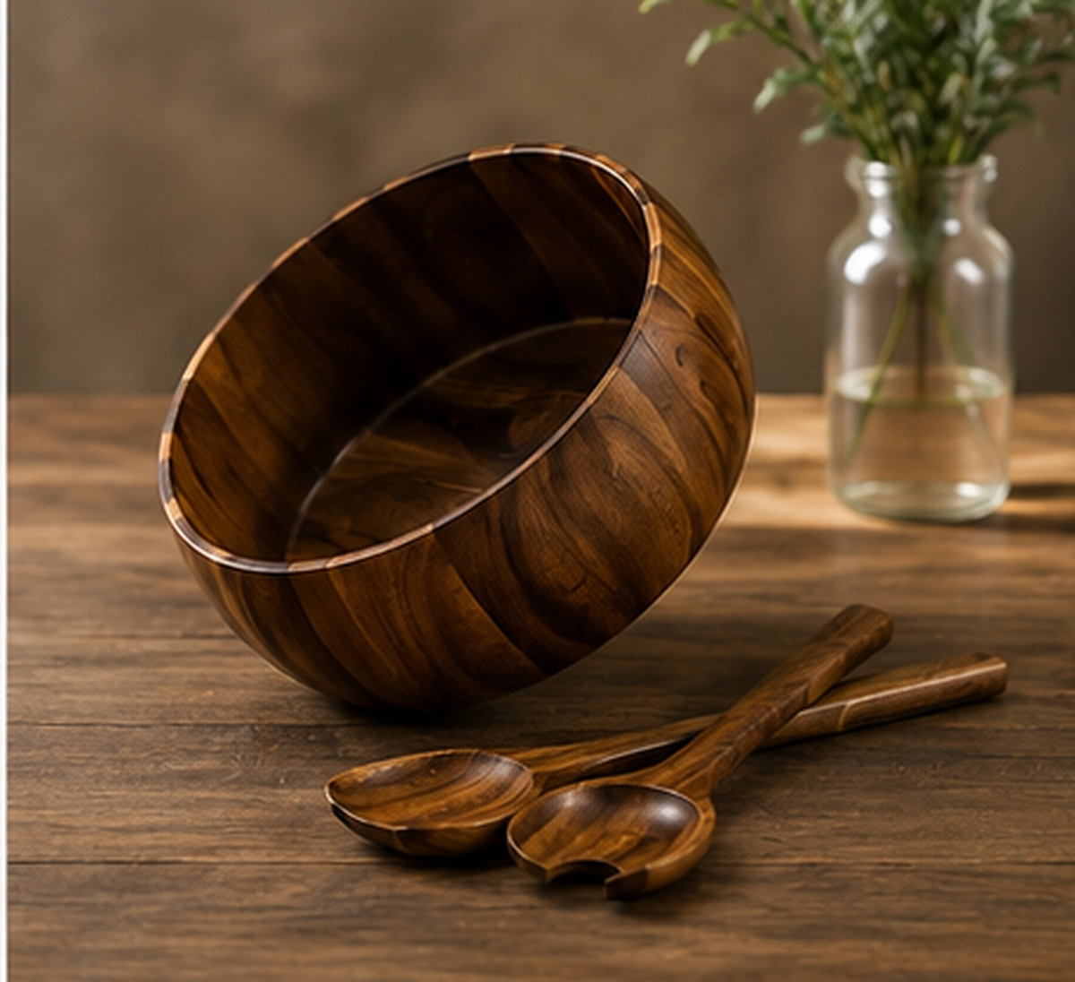 Acacia salad bowl set for serving salad to four to six people