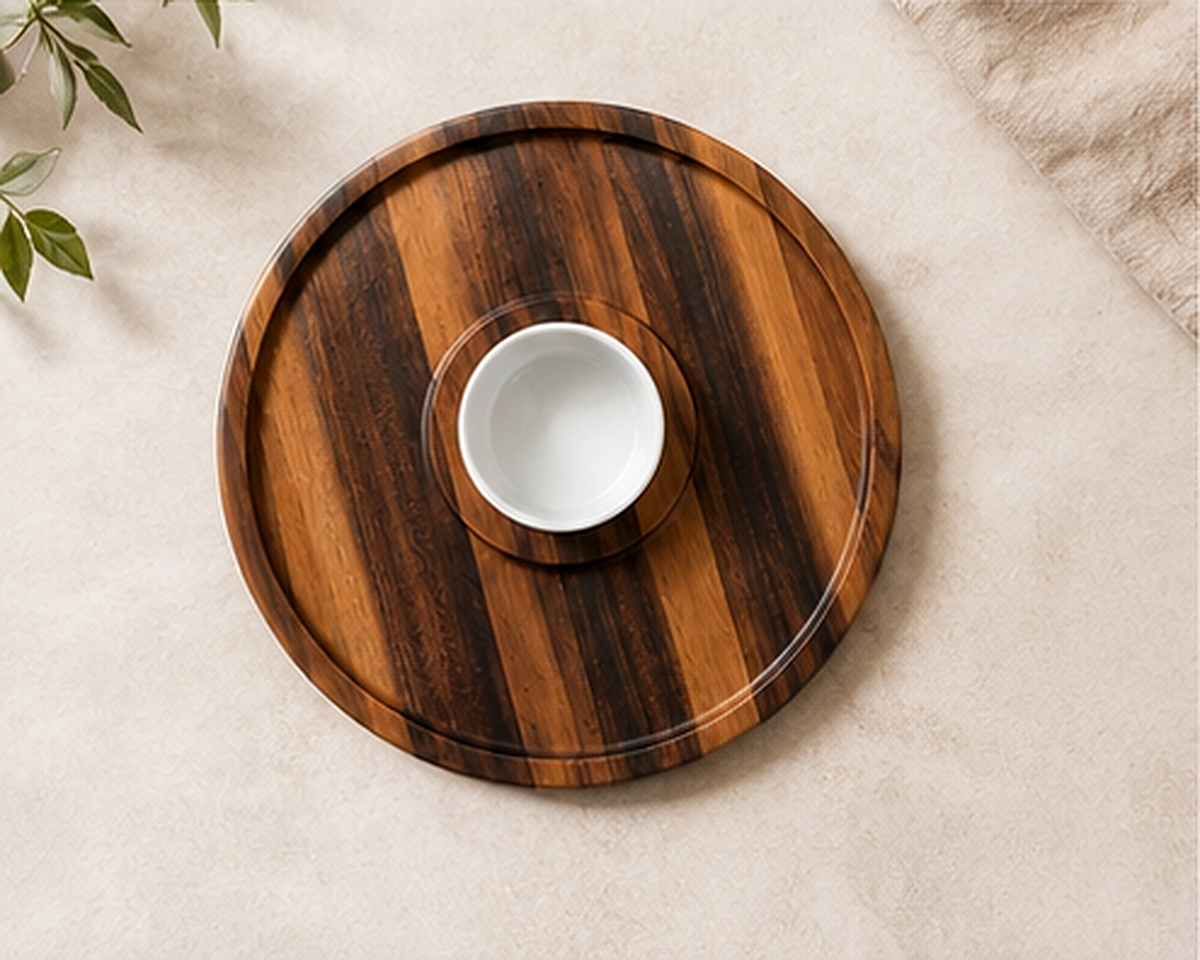 Top view of the acacia chip and dip platter on a stone counter