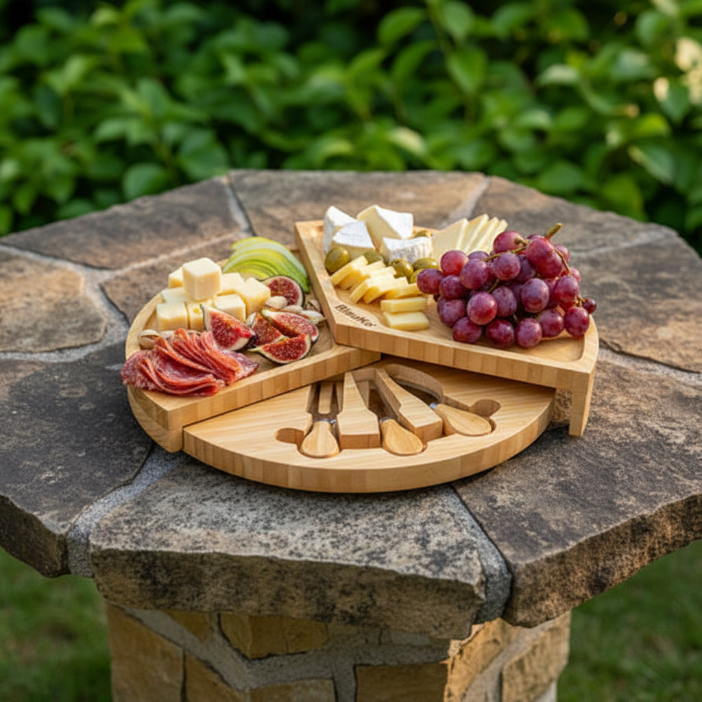 Swiveling bamboo cheese board, 14 inches, with four cheese knives in a hidden drawer