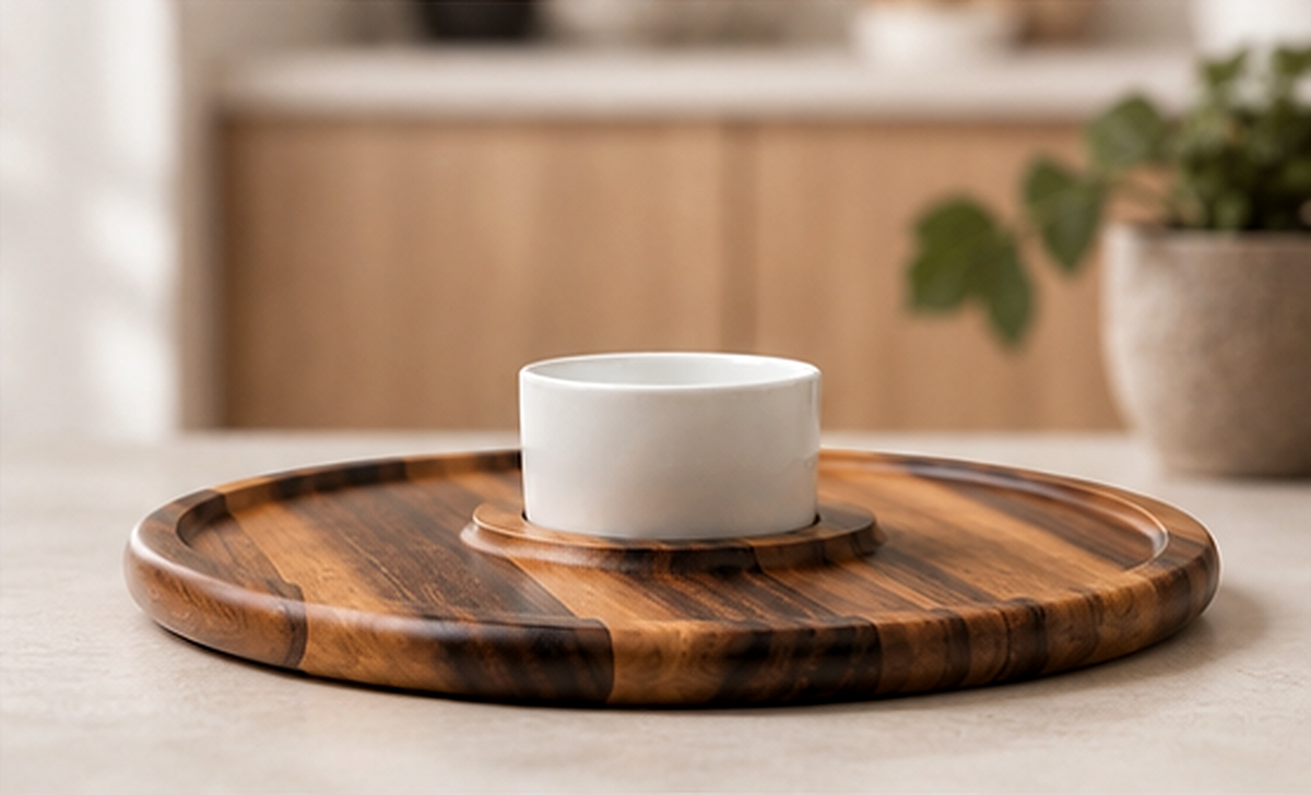 Side view of the acacia wood chip and dip platter with its white ceramic bowl