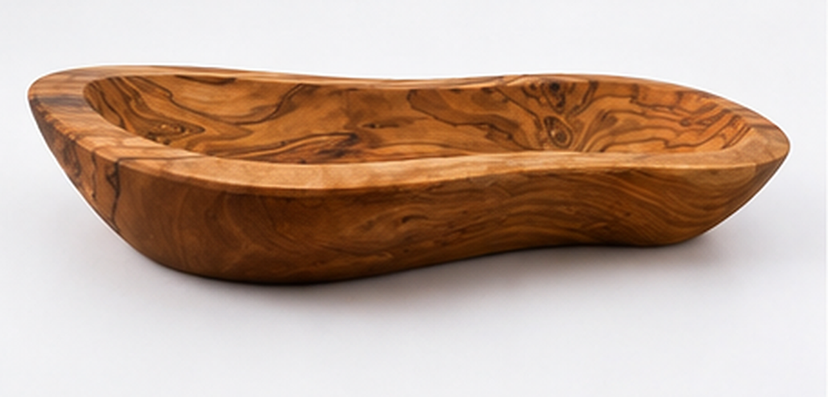 Olive wood bowl with the natural live edge of the wood preserved along the rim
