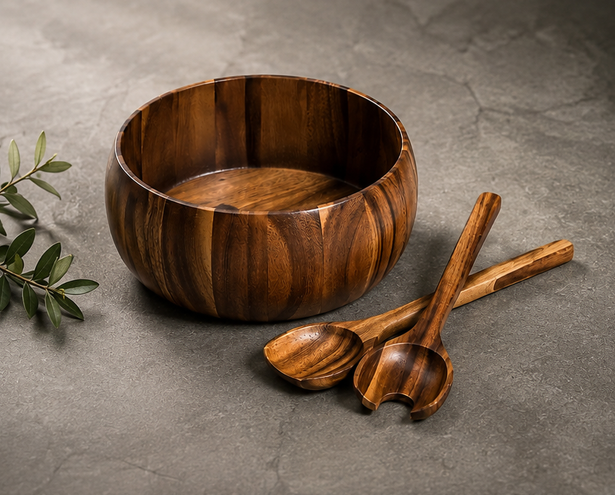 Three-piece acacia wood salad bowl set with matching wooden servers