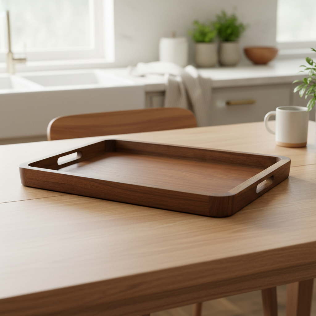 Rectangular acacia serving tray showing the surface and wood grain