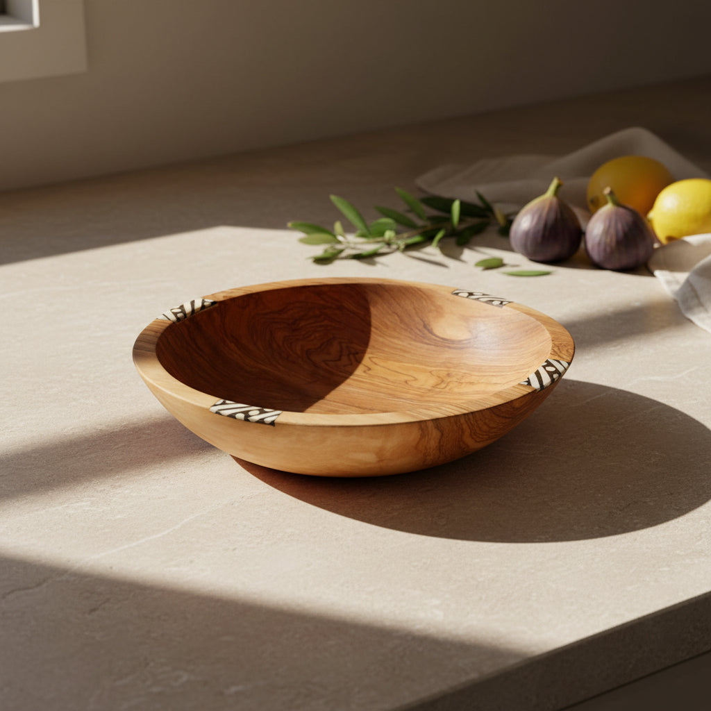 Handcrafted olive wood bowl available in five sizes for salad, fruit or bread