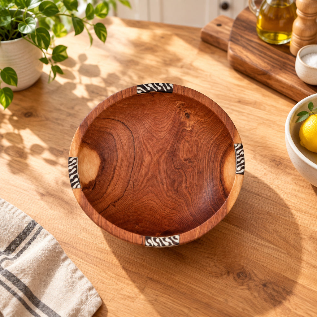 Handcrafted olive wood serving bowl with natural grain patterns