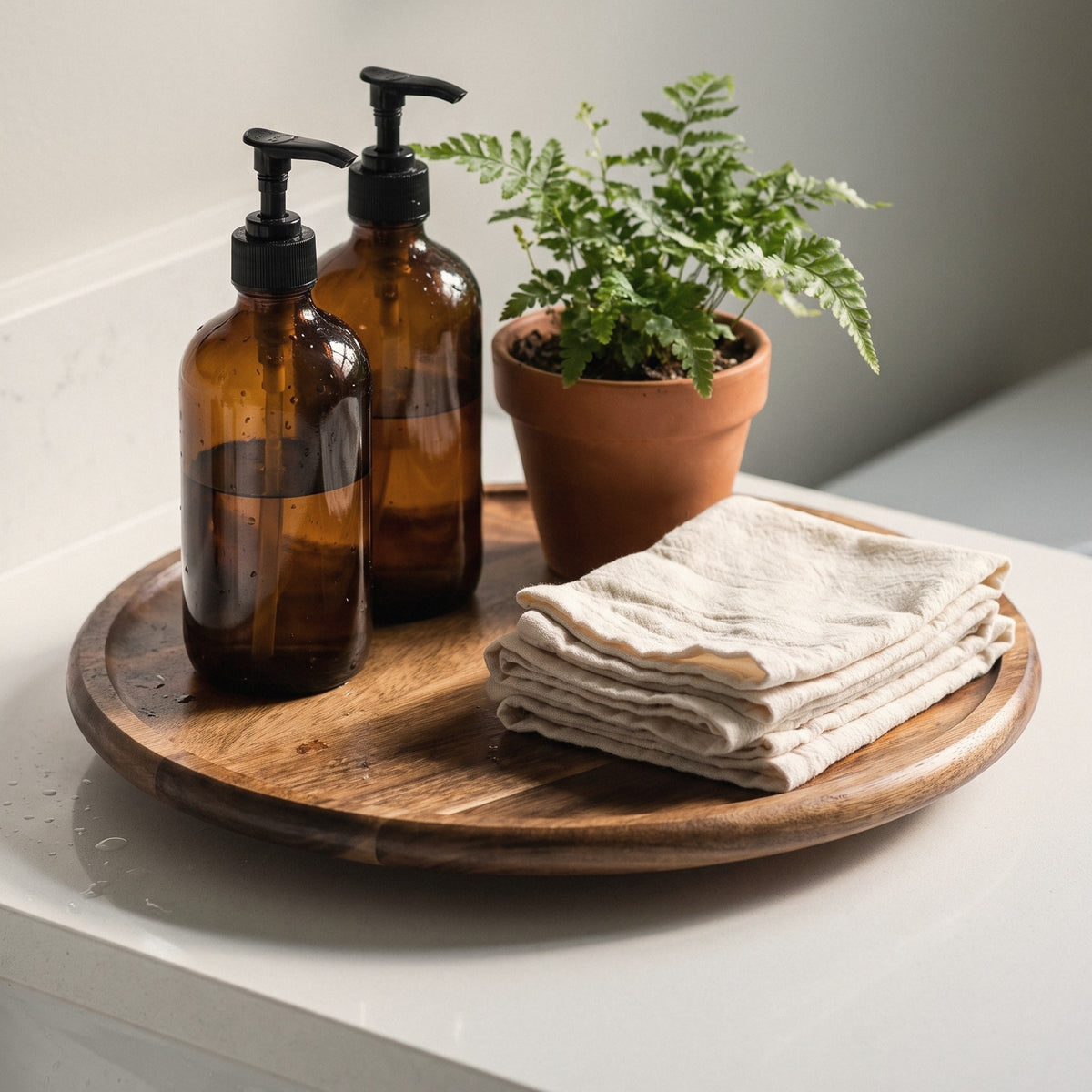 Acacia lazy susan on a bathroom counter with soap bottles and towels