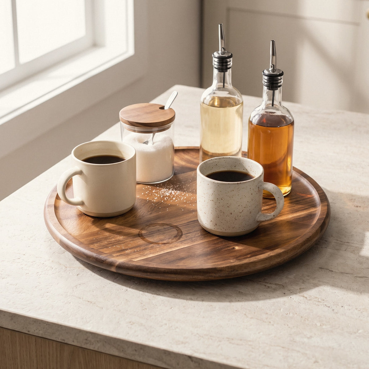 Acacia lazy susan as a coffee station with mugs, sugar and syrups