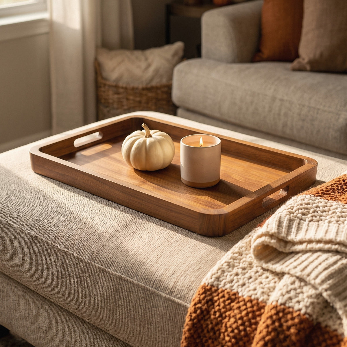 Acacia serving tray styled for fall with a small pumpkin and a candle
