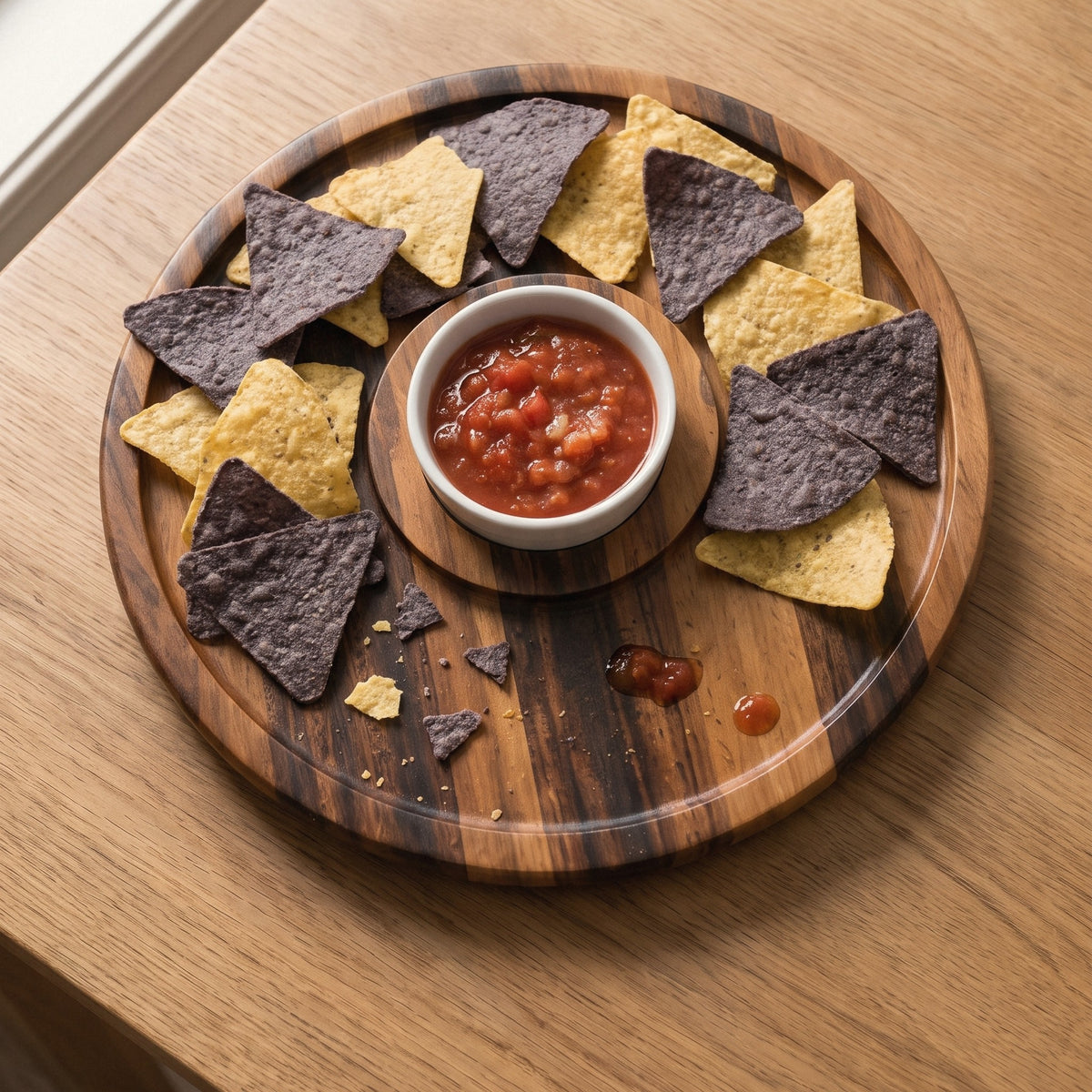 Top view of the acacia chip and dip platter with blue and yellow chips and salsa