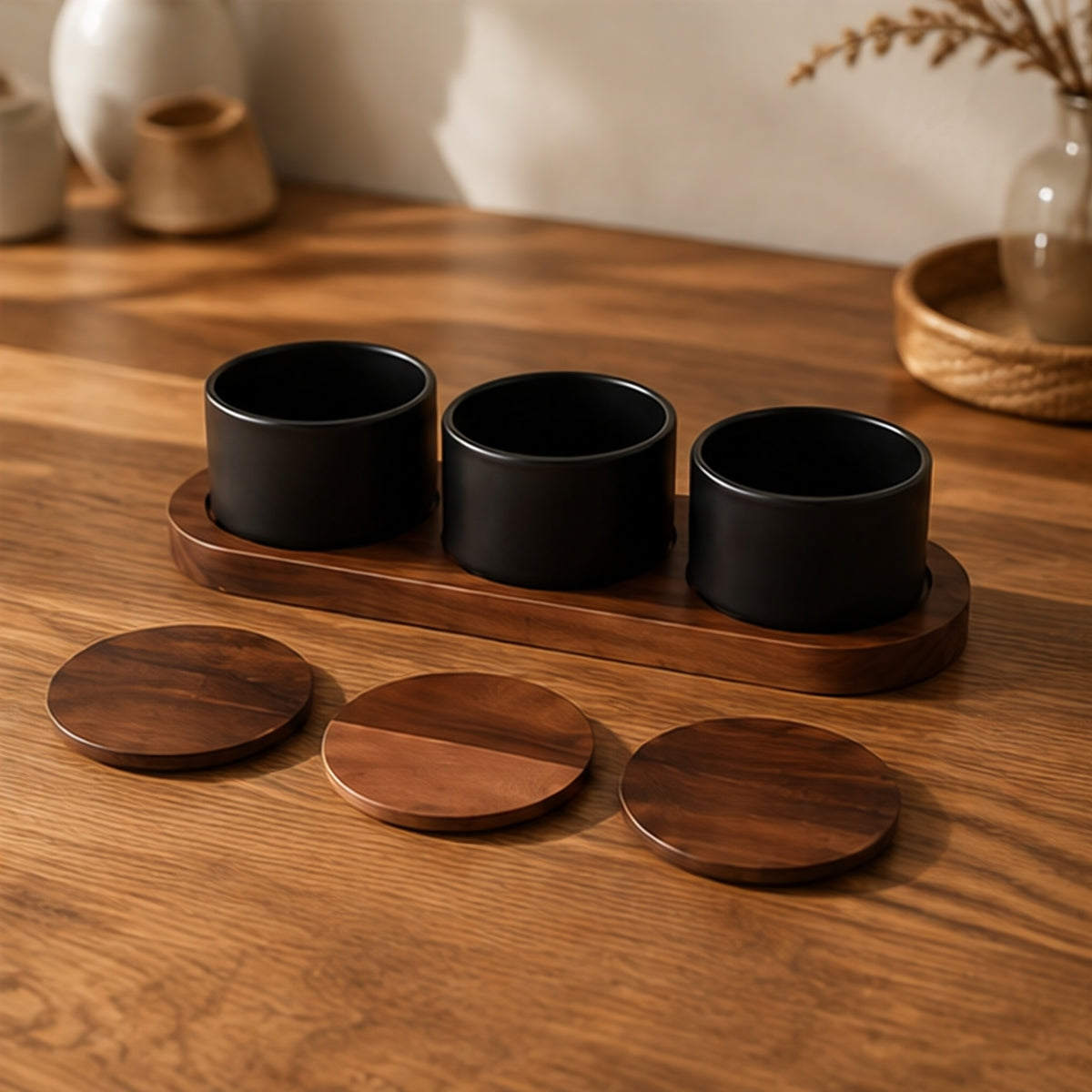 Black ceramic condiment set in an acacia wood base, with three acacia lids, on a wooden kitchen counter