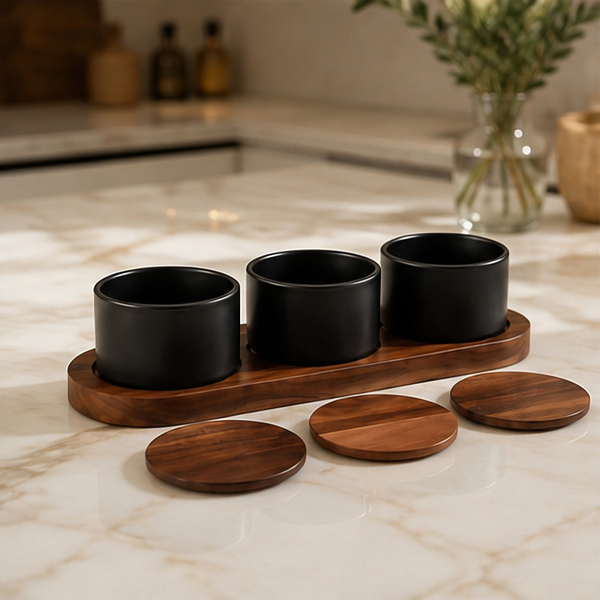 Black ceramic condiment dishes on an acacia base on a marble kitchen counter