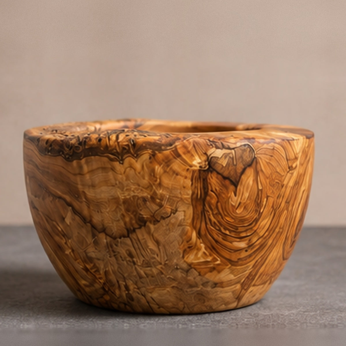 Front view of the olive wood mortar, showing the natural grain of the wood