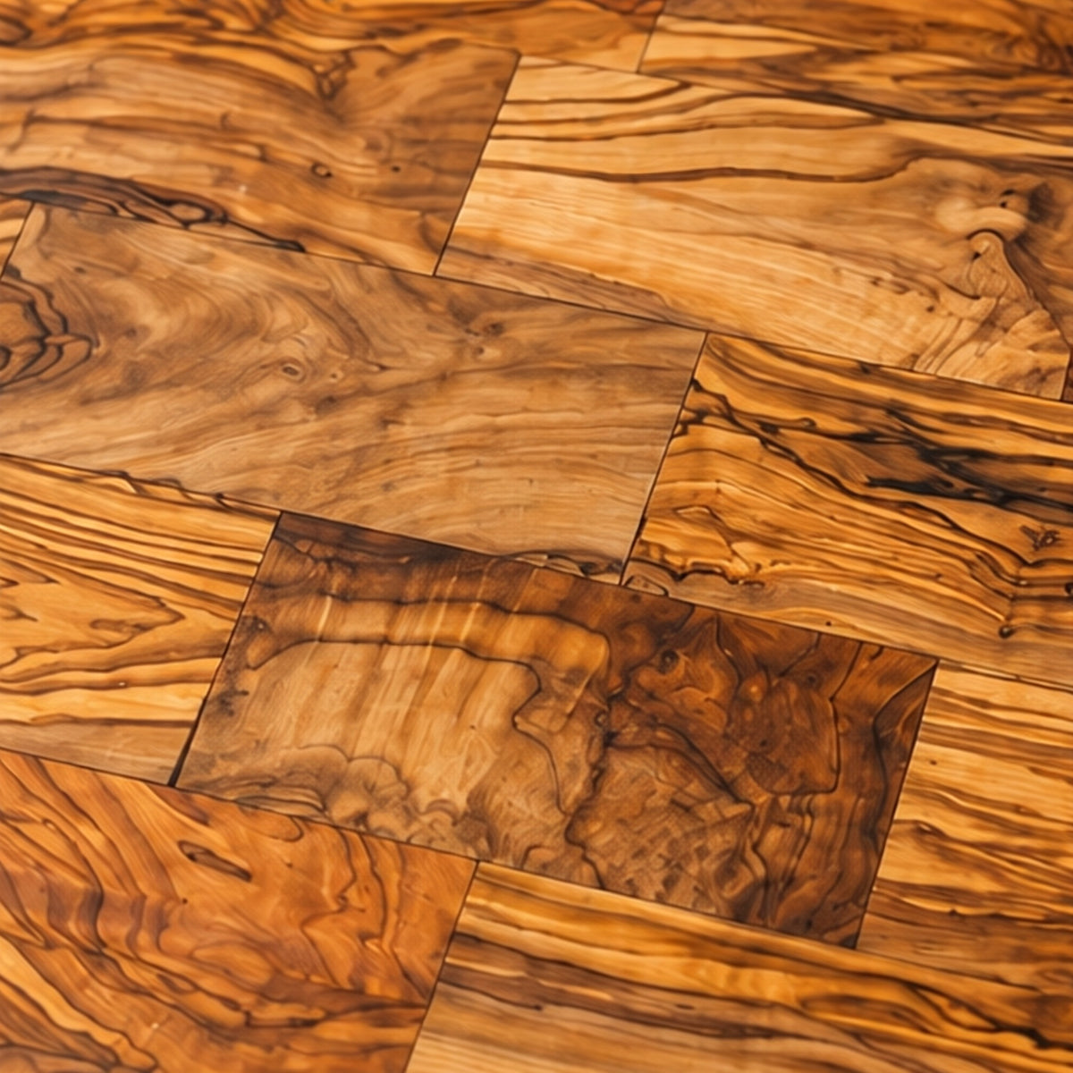 Close-up of the olive wood grain, with honey-toned and dark-looped blocks side by side