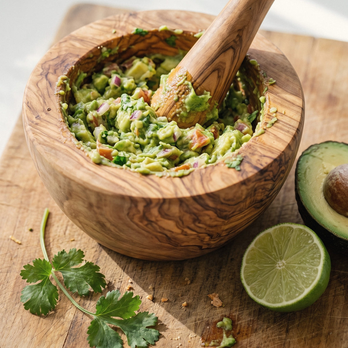Olive wood mortar with chunky guacamole, avocado and lime