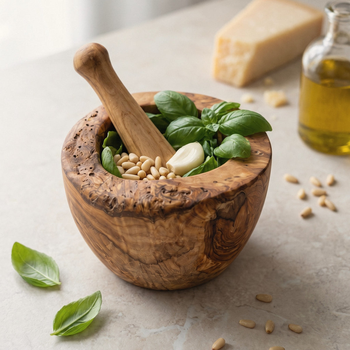 Olive wood mortar and pestle with basil, pine nuts and garlic for pesto
