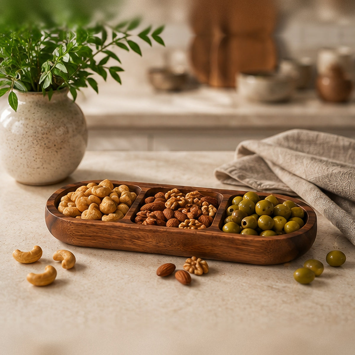 Acacia snack bowl with cashews, mixed nuts and green olives on a kitchen counter
