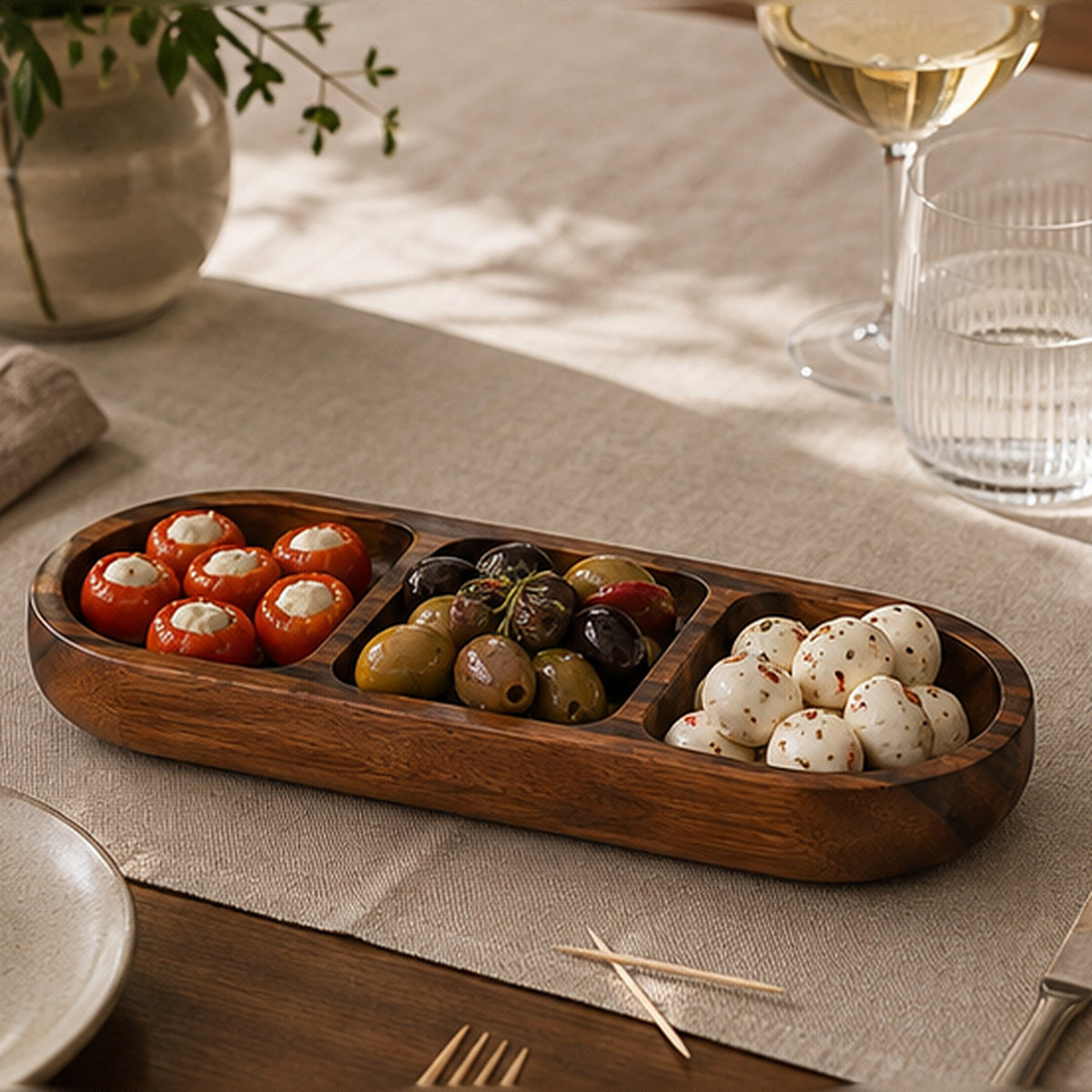 Acacia snack bowl with stuffed peppers, olives and mozzarella on a set table