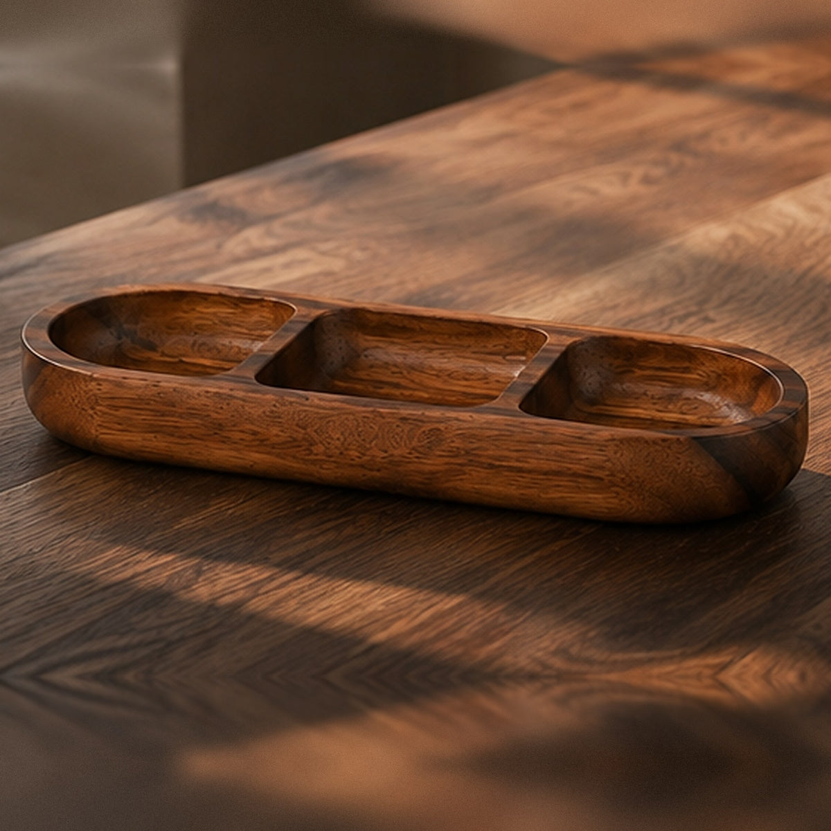 Empty acacia snack bowl on a dark wood table, showing the grain