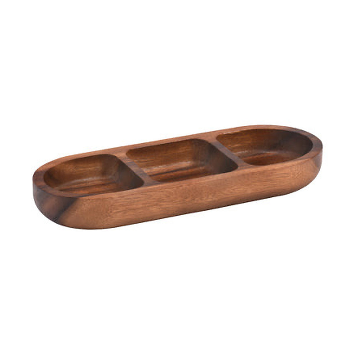 Acacia wood snack bowl with three compartments, on a white background